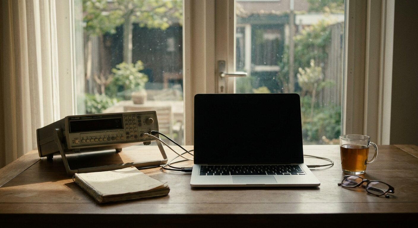 A researcher's desk on a quiet Monday morning — a frequency counter and laptop open beside an analog notebook, a tea glass, a window with early summer light. The atmosphere is deliberate preparation before something scheduled. No text, no signs, no writing visible anywhere. Photorealistic, cinematic, cool morning light, documentary photography style, shallow depth of field, muted warm palette.