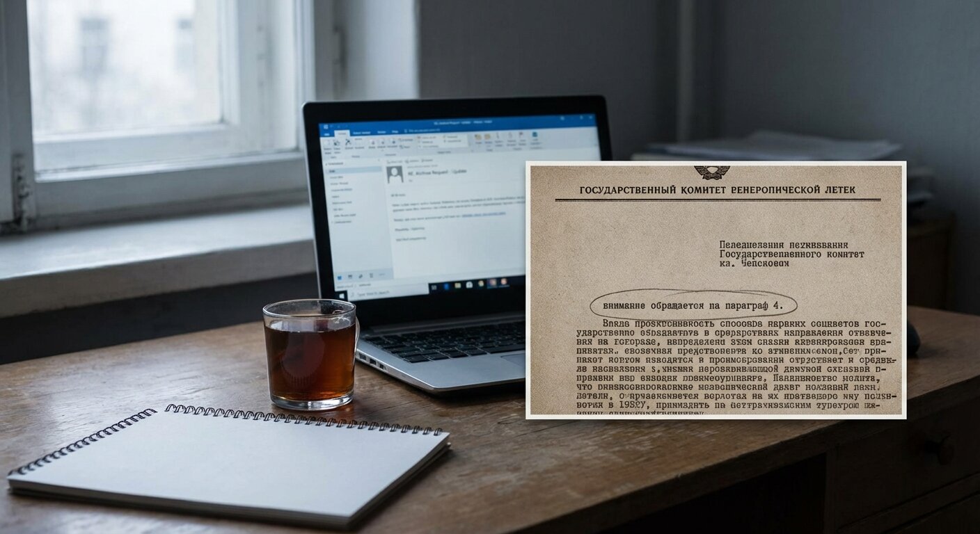 A desk in morning light. A laptop showing an open email. Beside it, a scanned document — typewritten, Soviet-era, one line circled in pencil. A glass of tea, untouched. The atmosphere is quiet and slightly unsettled