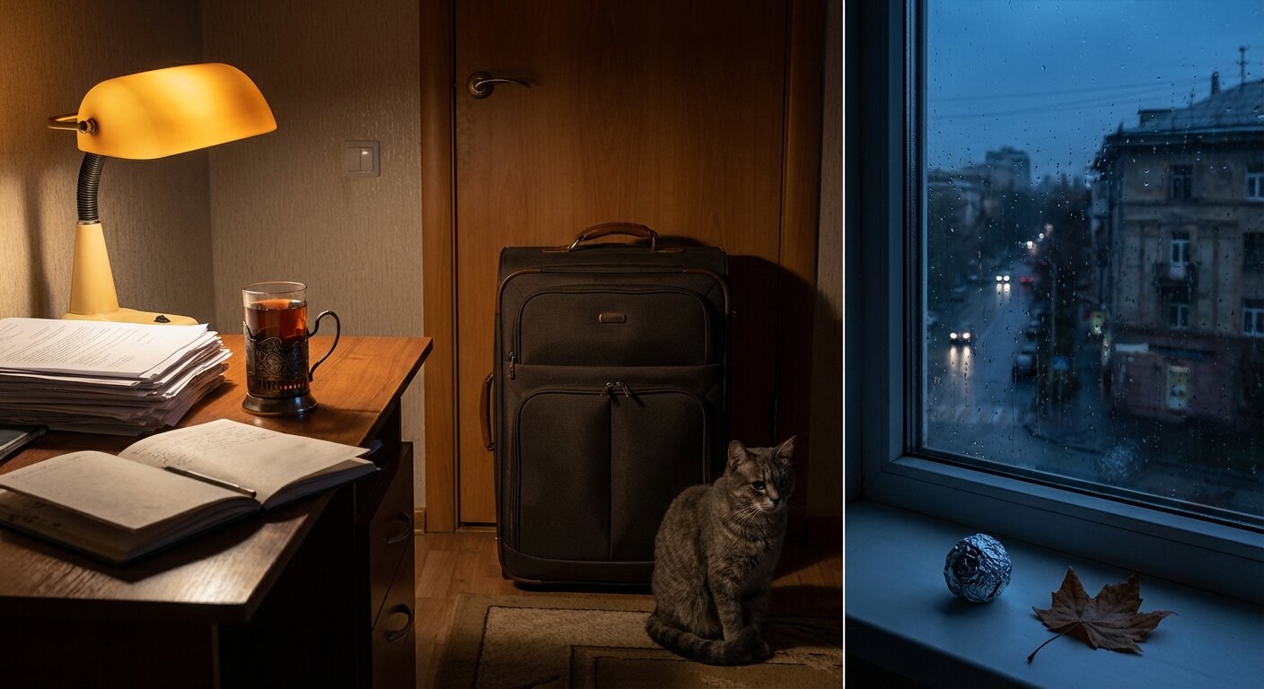 A quiet apartment in the evening — a packed suitcase by the door, a desk lamp lit, a glass of tea, a gray cat on the windowsill watching the street outside