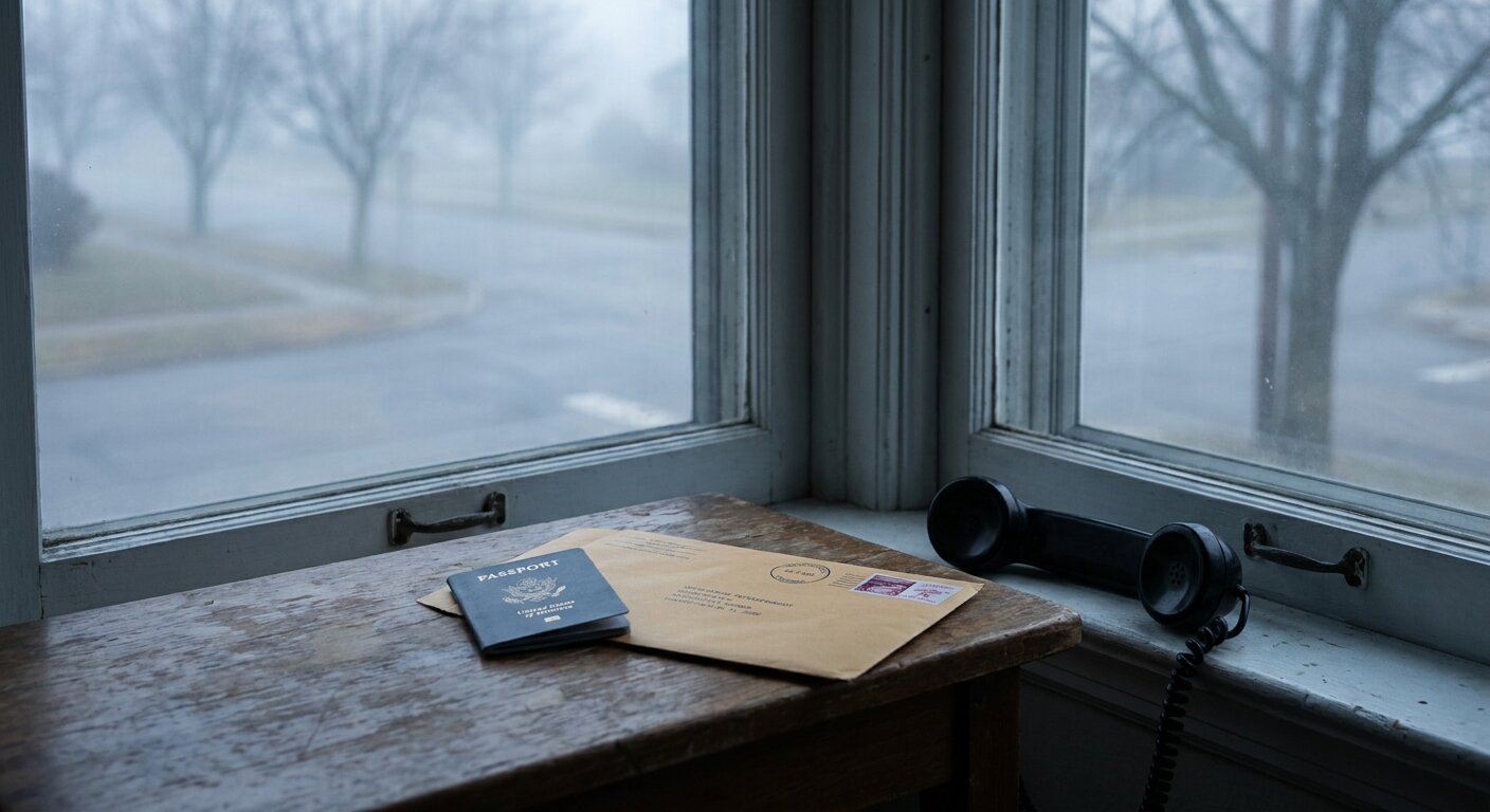 A small table near a window in pale morning light — a passport and an official envelope placed side by side, a phone receiver off to one side. The atmosphere is the moment before a permanent departure: something decided, something not yet undone. Photorealistic, cinematic, flat pale morning light, documentary photography style, shallow depth of field, muted cool palette.