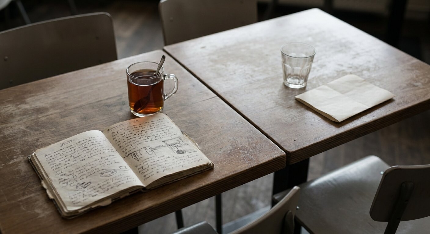 A café table seen from slightly above — on one side, an open notebook with handwriting and a glass of tea; on the other side, an empty glass and a folded piece of paper, not yet opened. The table surface is plain, the light is flat interior café light. The atmosphere is a conversation that has ended but left something behind. Photorealistic, cinematic, flat interior light, documentary photography style, shallow depth of field, muted neutral palette.