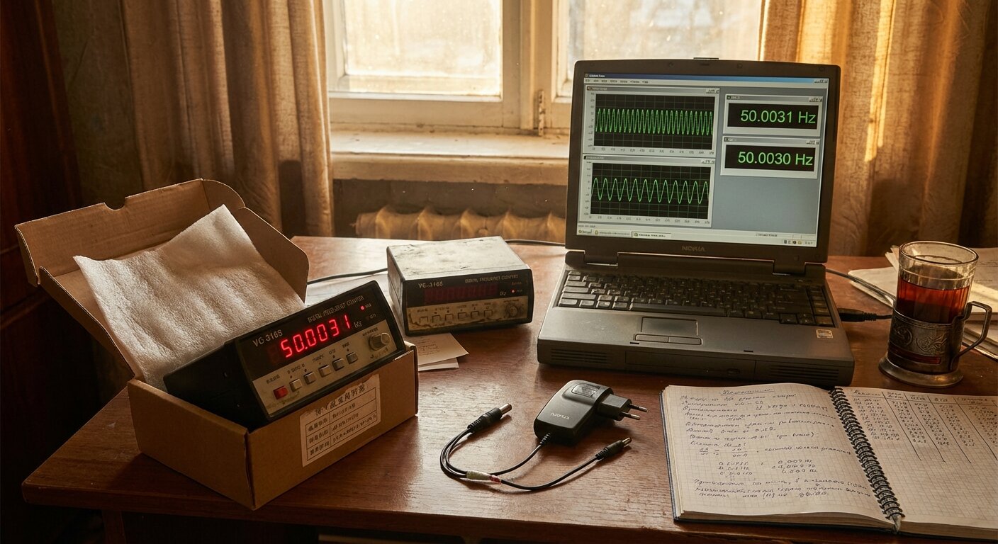 A new frequency counter in its opened packaging on a desk, next to a laptop running a comparison measurement