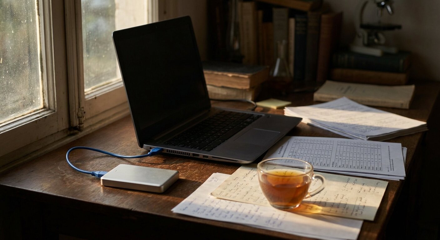 A researcher's desk in late afternoon — an external hard drive connected to a laptop, printed data sheets beside it, a tea glass, low evening light from a window. The atmosphere is something found in old data that was always there but not yet connected. No text, no signs, no writing visible anywhere. Photorealistic, cinematic, low afternoon light, documentary photography style, shallow depth of field, muted cool palette.