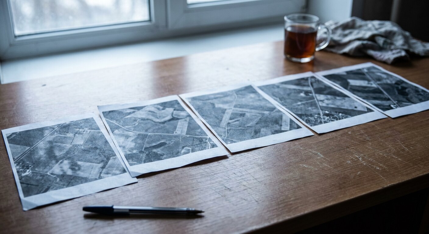 Five A4 printed sheets spread across a desk in pale Monday morning light, each showing a grainy monochrome aerial view — laid in a loose sequence from left to right. A pen rests at the edge. A glass of tea in the background, slightly out of focus. The atmosphere is methodical, quiet, something being studied carefully. No text, no signs, no writing visible anywhere. Photorealistic, cinematic, cool pale morning light, documentary photography style, shallow depth of field, muted palette.