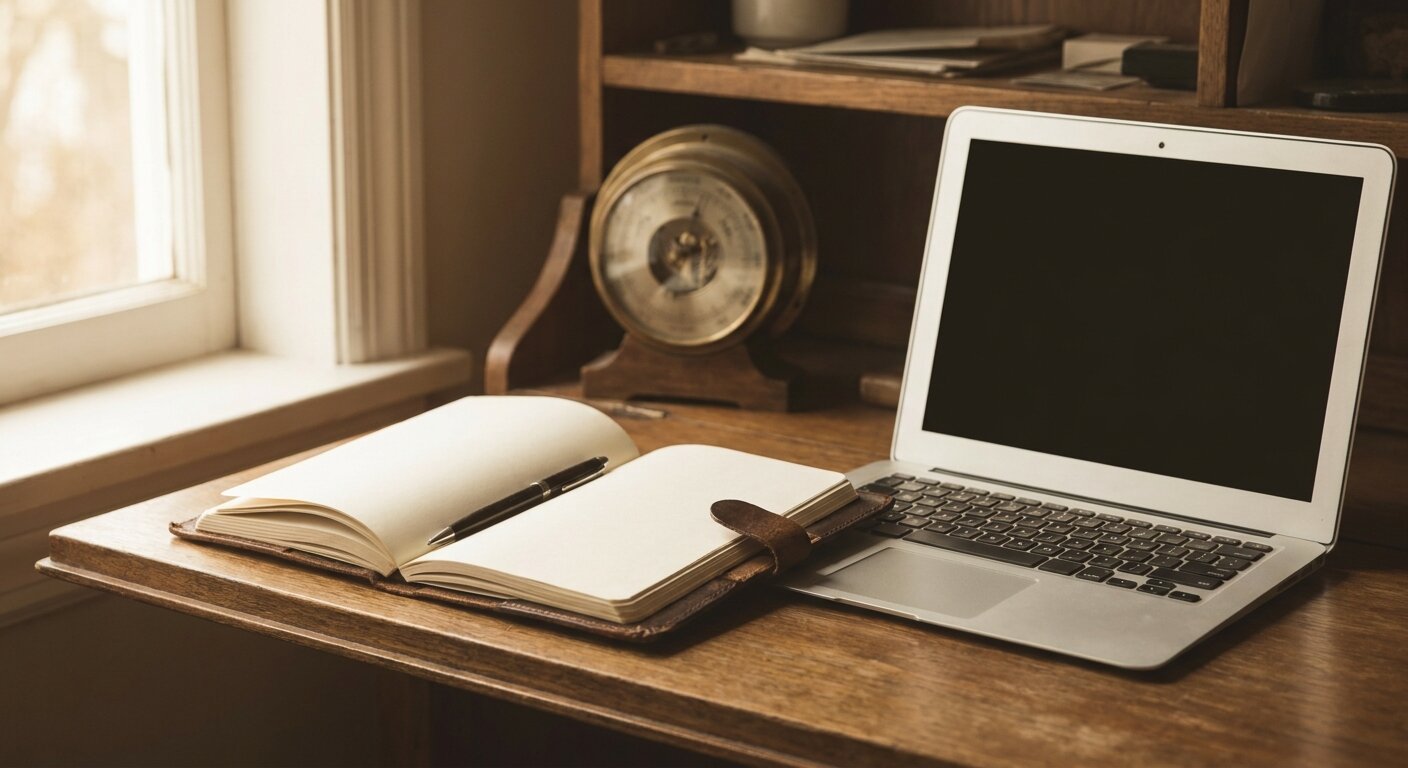 A desk in soft morning light — an open laptop beside an empty notebook, a pen resting on the page. The Ambassador barometer on the shelf in the background, softly out of focus. The atmosphere is reading something carefully for the second time. Photorealistic, cinematic, warm morning light, documentary photography style, shallow depth of field, muted warm palette, no text visible.