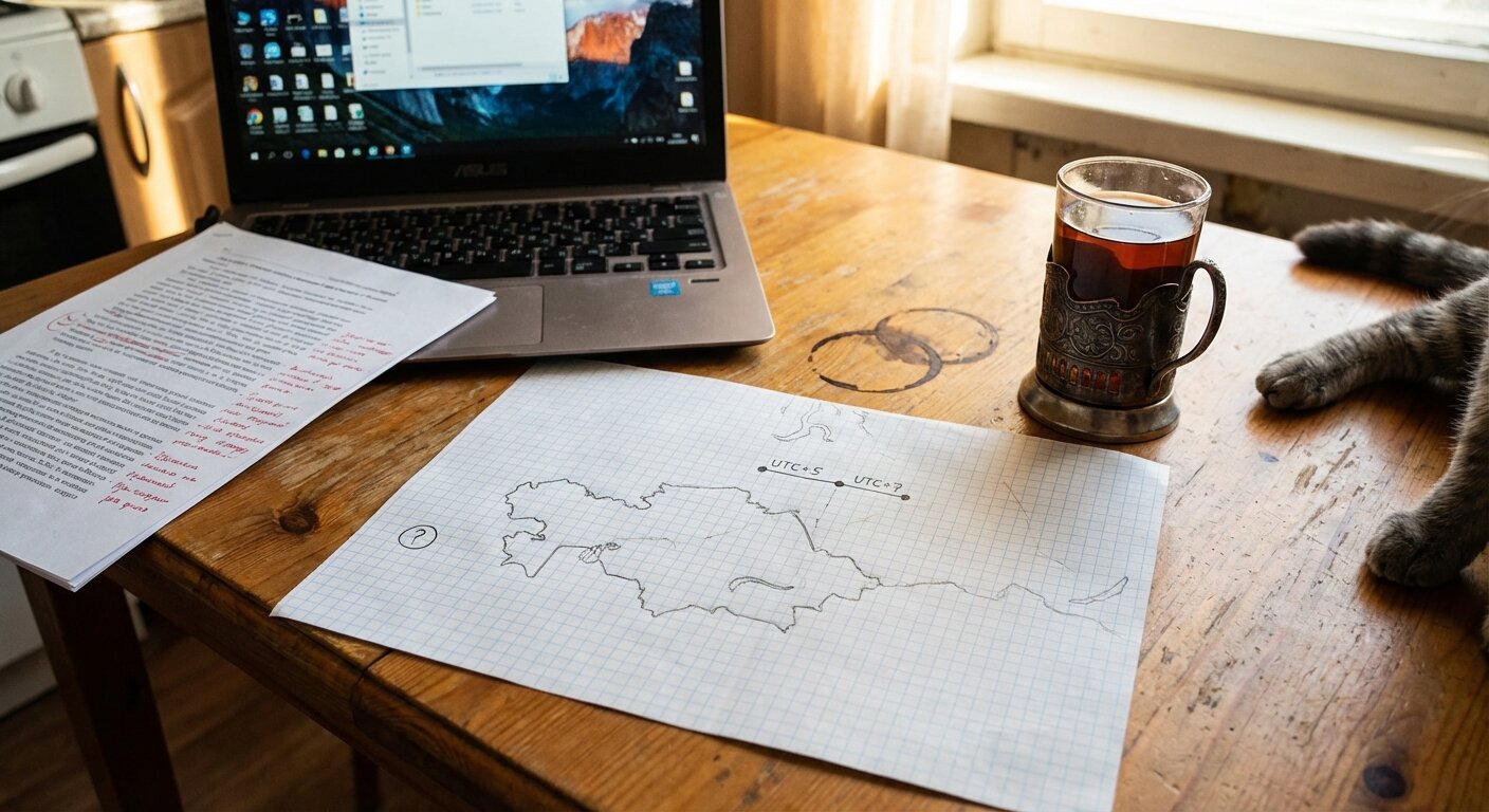 A kitchen table with papers, a handdrawn timezone map, a laptop with three open email tabs, and a glass of tea