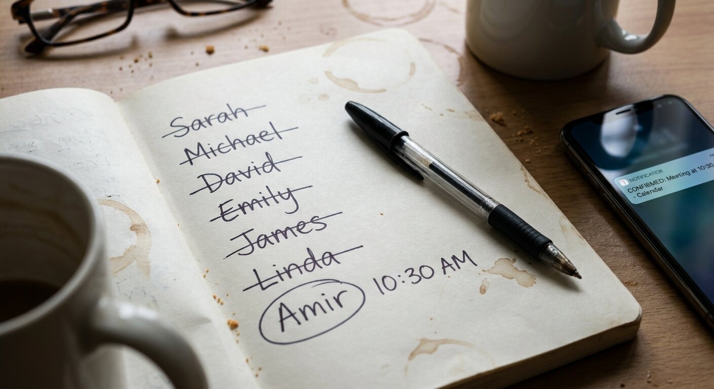 A notebook open on a desk in Thursday morning light — a handwritten list of names with single lines struck through most of them, one circled at the bottom with a time written beside it. A pen resting across the page. A phone screen nearby showing a confirmation message. The atmosphere is a simple task that took too long. Photorealistic, cinematic, pale morning light, documentary photography style, shallow depth of field, muted warm-cool palette.