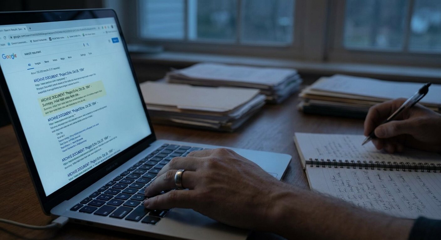 A laptop screen in evening light showing a search result page — a document entry visible, a few lines of text, a date. One hand on the keyboard, the other holding a pen above an open notebook. The atmosphere is finding something small in a very large archive. Photorealistic, cinematic, cool evening light from the screen, documentary photography style, shallow depth of field, muted blue-grey palette.