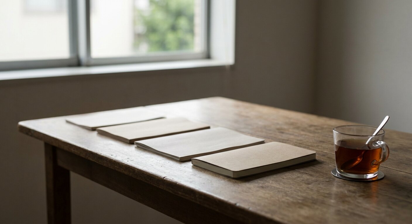 A researcher's cleared desk on a Sunday morning — several printed documents and a notebook arranged in a row on a clean surface, a tea glass to one side, quiet summer morning light. The atmosphere is an inventory taken before a decision. No text, no signs, no writing visible anywhere. Photorealistic, cinematic, soft morning light, documentary photography style, shallow depth of field, muted neutral palette.