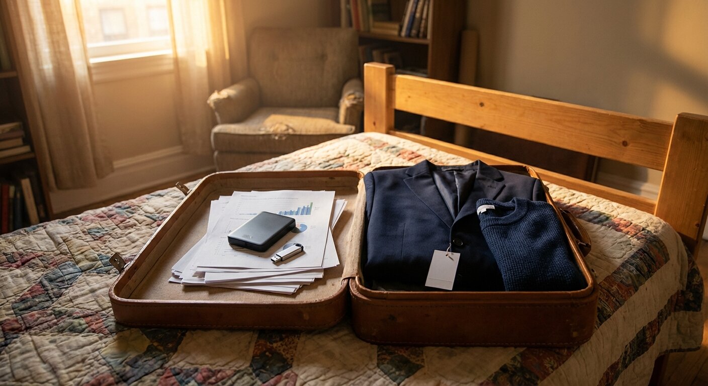 An open suitcase on a bed, partially packed — one side has neatly stacked data printouts and a hard drive, the other side has a folded sweater and a jacket, a price tag still attached, afternoon light