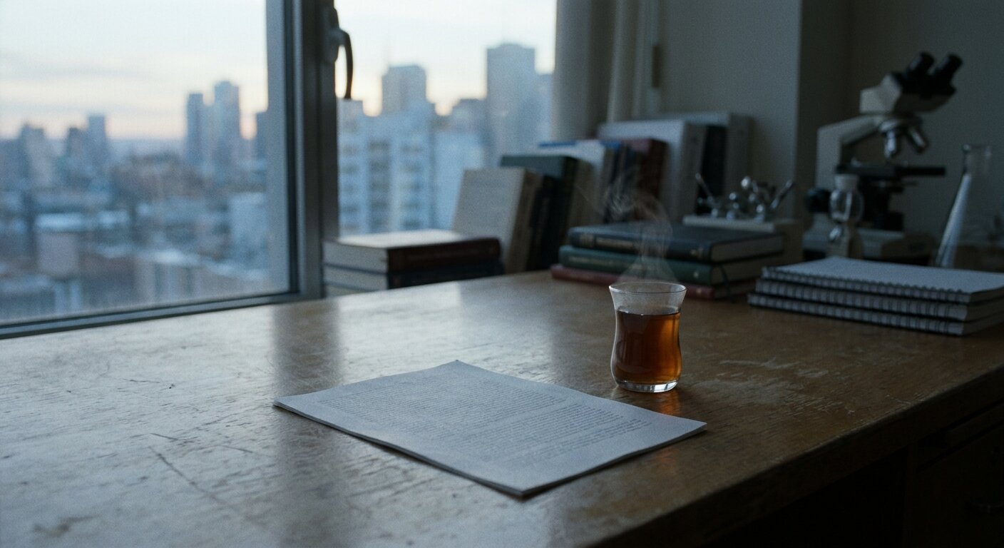 A researcher's desk at dawn — a single printed document on a cleared surface, a tea glass, the window showing early morning city light. The atmosphere is a finding that does not require commentary. No text, no signs, no writing visible anywhere. Photorealistic, cinematic, cool early morning light, documentary photography style, shallow depth of field, muted neutral palette.