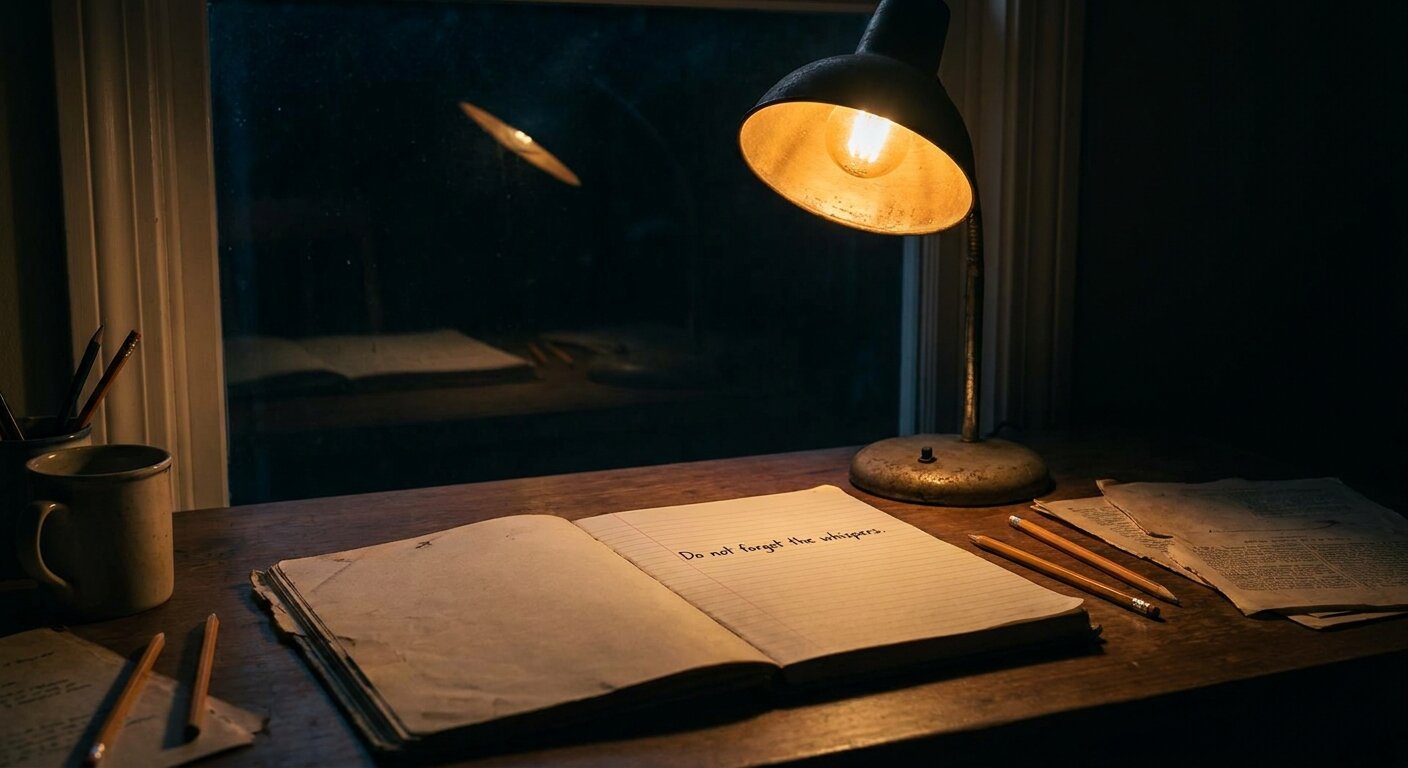 A desk in the evening — a notebook open to a page with one line of handwriting, a lamp casting warm light across it. The window behind the desk is dark. The atmosphere is a warning written down and not yet acted on. Photorealistic, cinematic, warm lamp light against dark window, documentary photography style, shallow depth of field, muted warm palette.