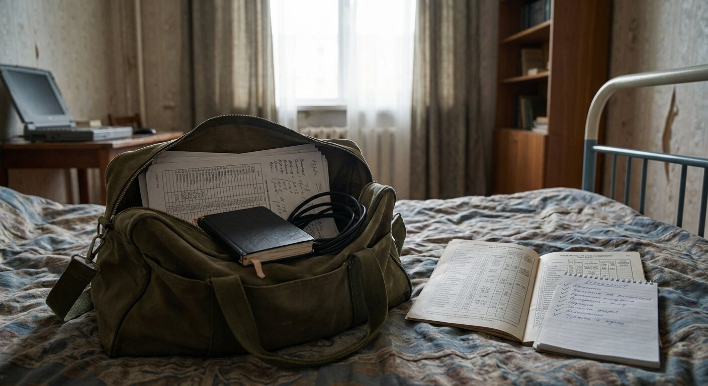 A half-open travel bag on a bed, data printouts and a small notebook visible inside, morning light, practical and quiet