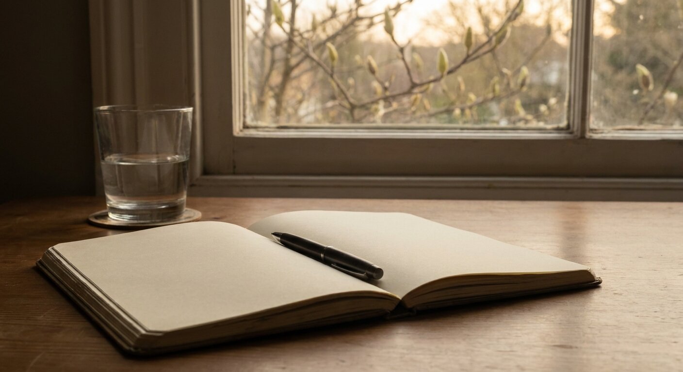 A desk in afternoon light — a notebook open to a blank page, a pen resting across it, not writing. A glass of water nearby. Outside the window, pale spring light. The atmosphere is deliberation — something being held before it is put down. Photorealistic, cinematic, flat afternoon light, documentary photography style, shallow depth of field, muted warm palette.