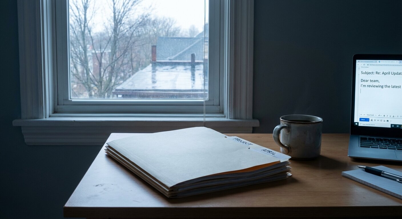 A quiet apartment desk in morning light. A closed folder at one edge of the desk. A laptop screen with an email draft open. A coffee cup. The room is still. Soft, indirect April light comes through a window. No people visible. The atmosphere of someone thinking carefully before writing