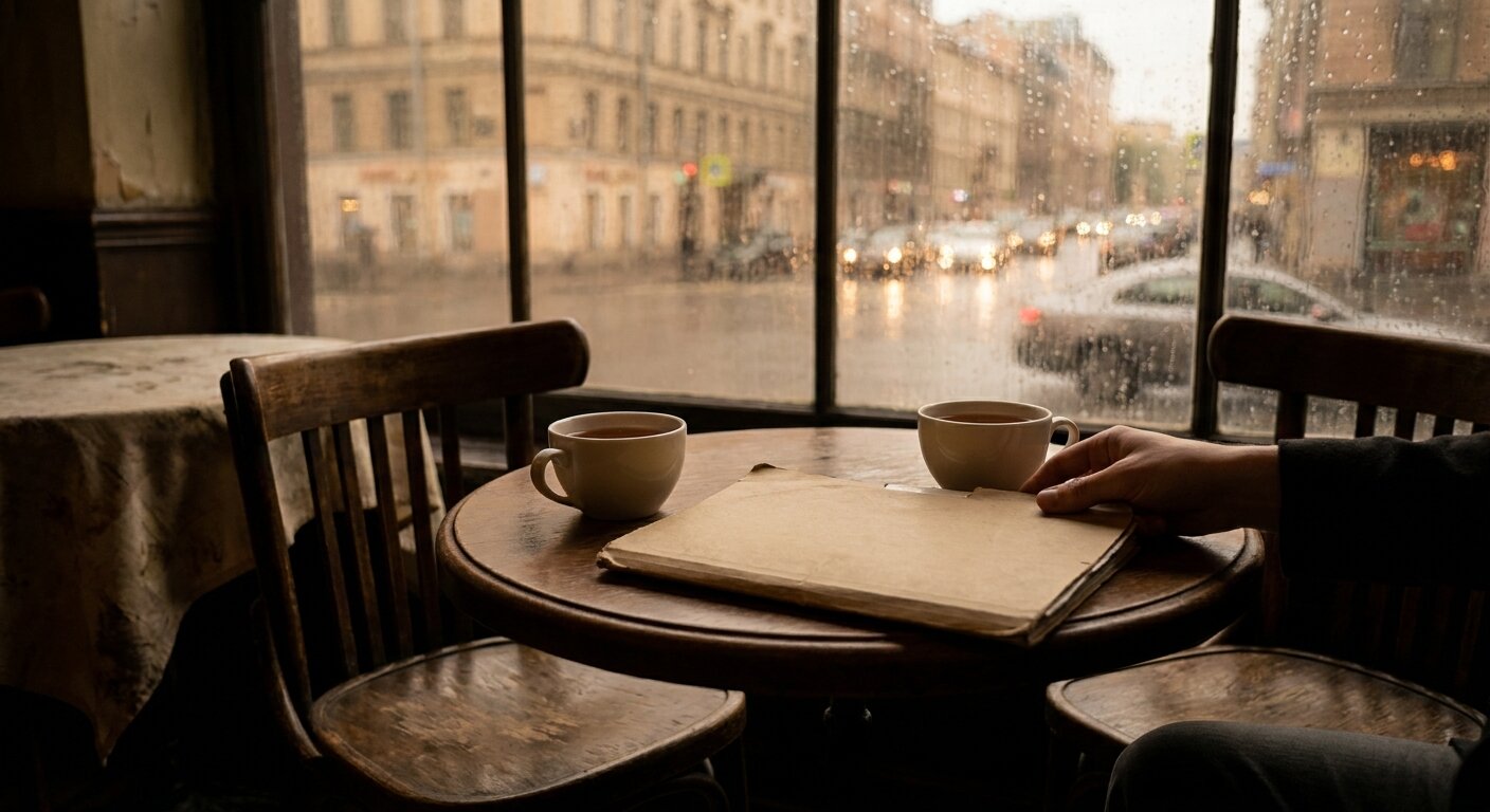 Two cups of tea on a small café table, a closed folder beside them, city light through a window. The atmosphere is something held for twenty-nine years being handed over. No text, no signs, no writing visible anywhere. Photorealistic, cinematic, diffuse daylight, documentary photography style, shallow depth of field, muted warm palette.