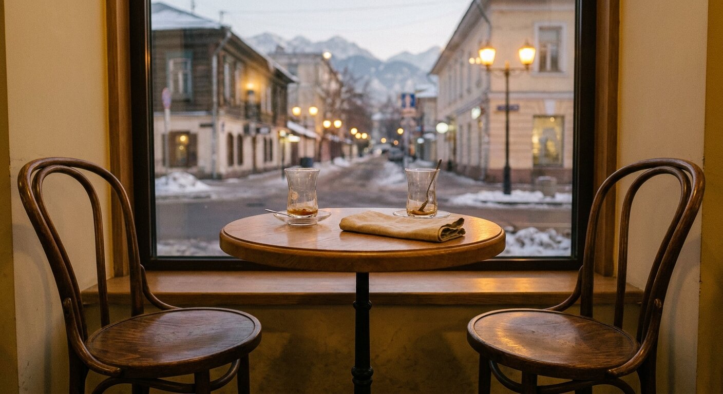 A small café table for two in late evening light — two empty tea glasses and a folded napkin on the table, a window behind showing a quiet Almaty street at dusk. The chairs are angled slightly toward each other, as if recently occupied. The atmosphere is quiet completion, the end of a day in which something was understood. No text, no signs, no writing visible anywhere. Photorealistic, cinematic, warm evening light, documentary photography style, shallow depth of field, muted warm palette.