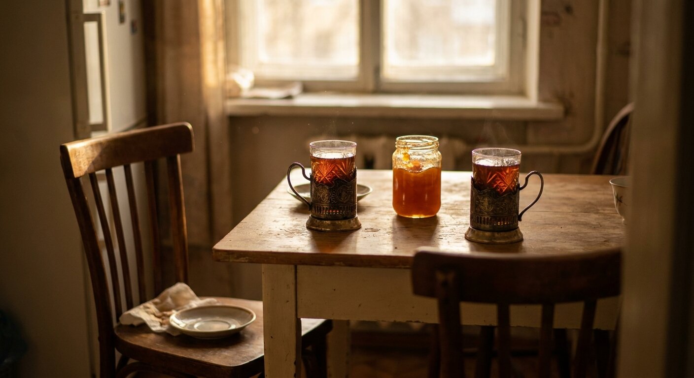 Two glass cups of tea in metal podstakannik holders on a small kitchen table in warm Wednesday afternoon light, a jar of amber apricot jam between them, one chair slightly pushed back as if recently vacated. The atmosphere is a brief visit that has just ended, ordinary and warm. No text, no signs, no writing visible anywhere. Photorealistic, cinematic, warm afternoon light, documentary photography style, shallow depth of field, muted warm palette.