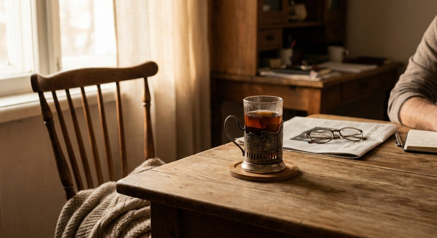 A kitchen table in quiet Saturday morning light — a cup of tea in a metal podstakannik holder placed beside an empty chair, as if left for someone who is working at a desk nearby. The gesture is familiar, habitual, done without asking. No text, no signs, no writing visible anywhere. Photorealistic, cinematic, warm morning light, documentary photography style, shallow depth of field, muted warm palette.