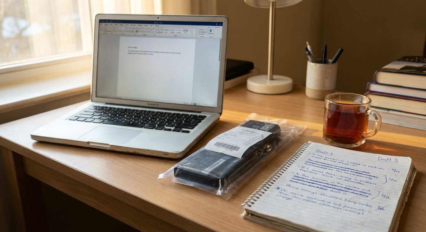 A desk with an open laptop showing a blank document, a new laptop battery still in its packaging beside it, afternoon light, a glass of tea, quiet